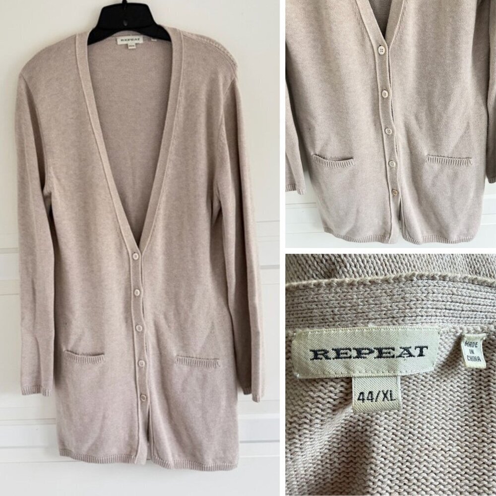 REPEAT Tan V-neck Long Cardigan Sweater Size 44/XL 41937